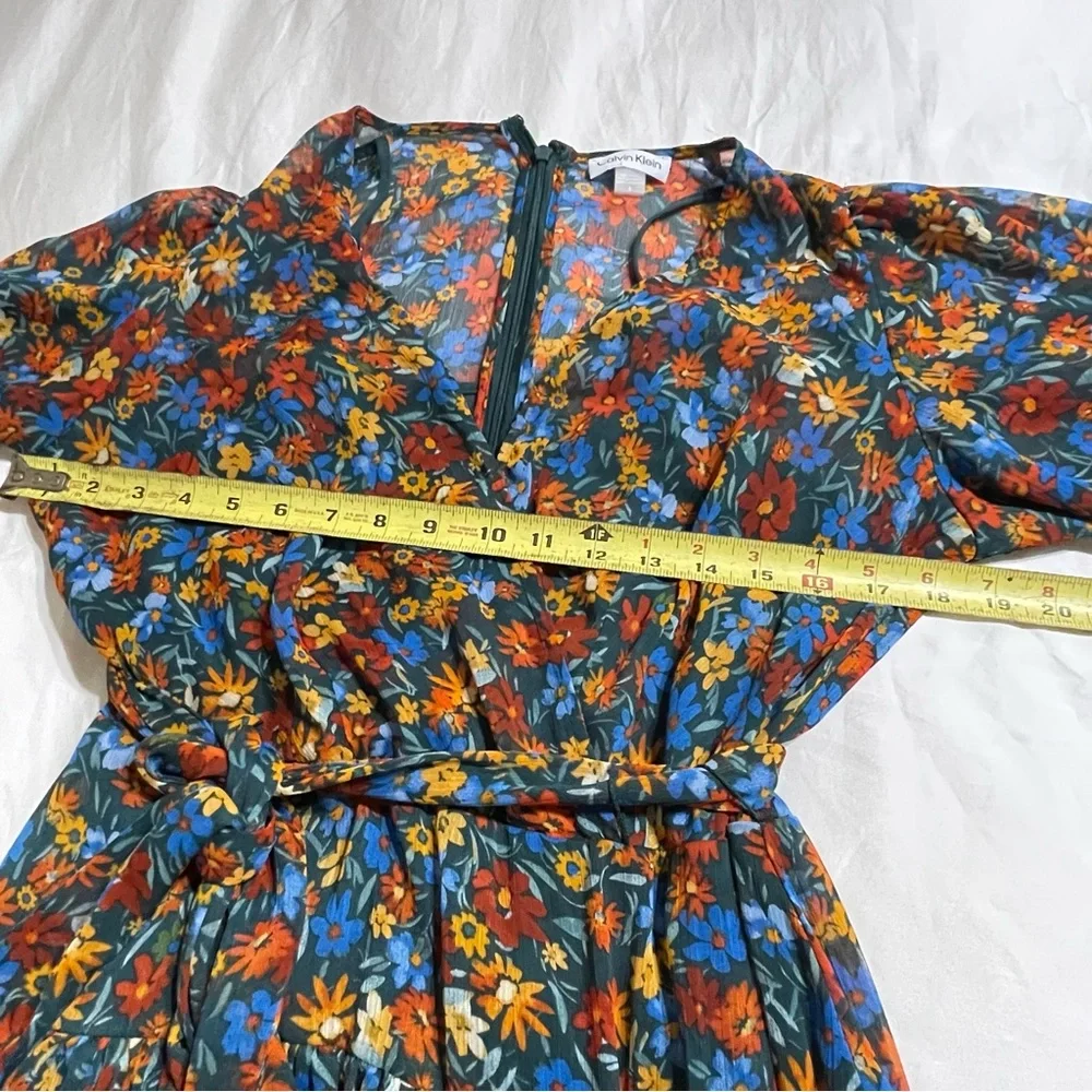 Surplice‎ Neck Three-Quarter Sleeve Floral Print Faux Wrap Midi Dress Sz 8 - Picture 7 of 14